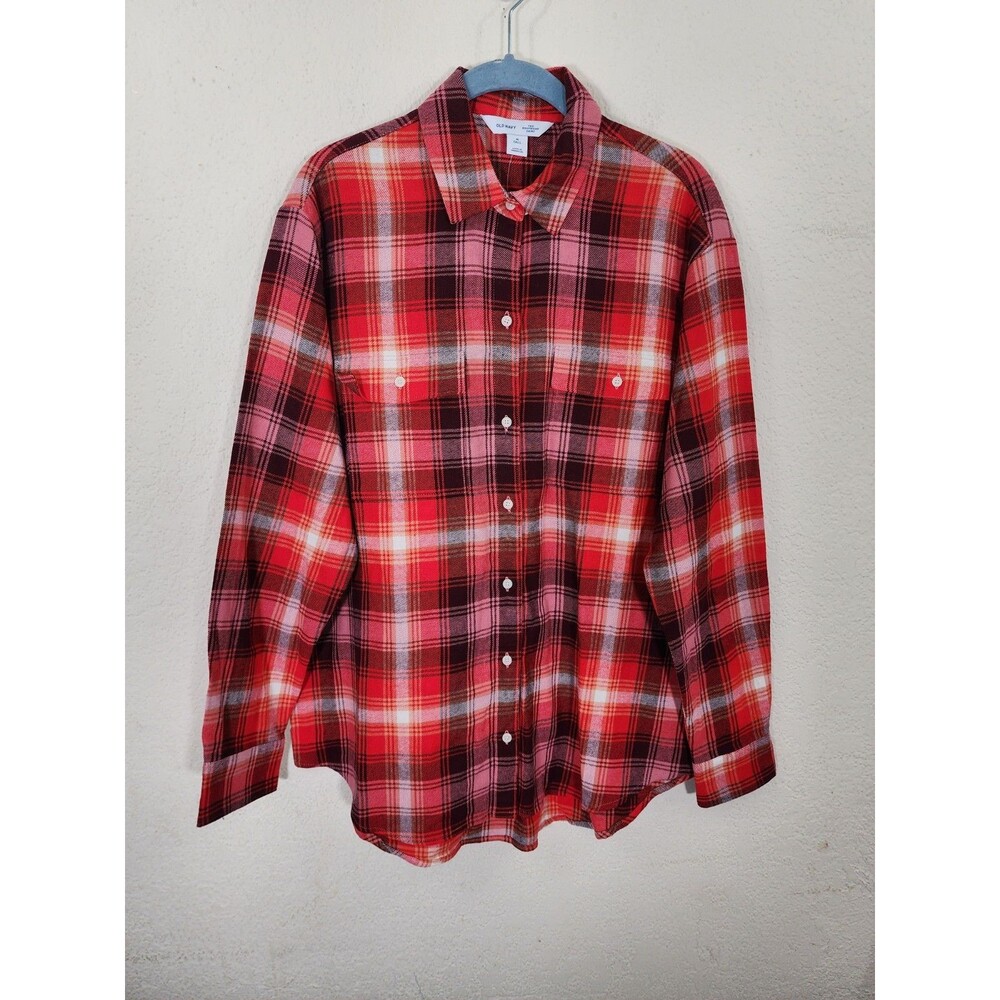 NWT Old Navy Womens M Tall Boyfriend Shirt Red Pink Plaid Flannel 100% Cotton